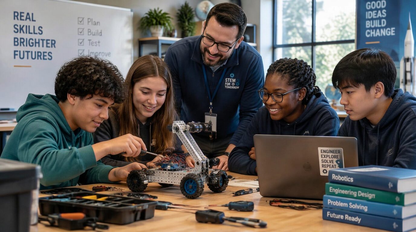 An instructor and children exploring a robotics project in an illustrative after-school classroom